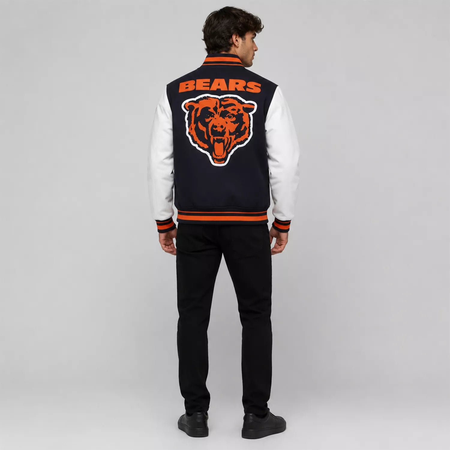 Men’s Navy Orange Football Patch Varsity Jacket | Wool & Leather Sleeve Jacket