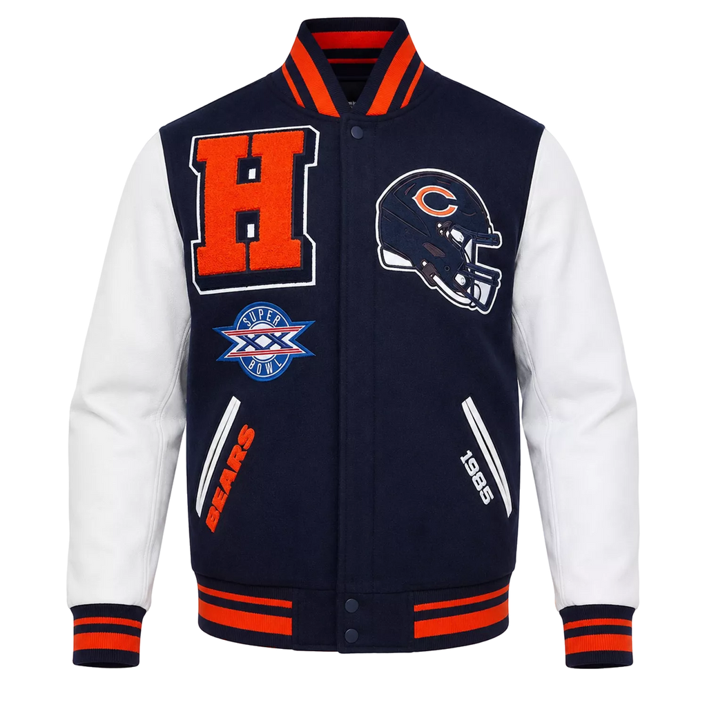 Men’s Navy Orange Football Patch Varsity Jacket | Wool & Leather Sleeve Jacket