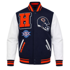 Men’s Navy Orange Football Patch Varsity Jacket | Wool & Leather Sleeve Jacket