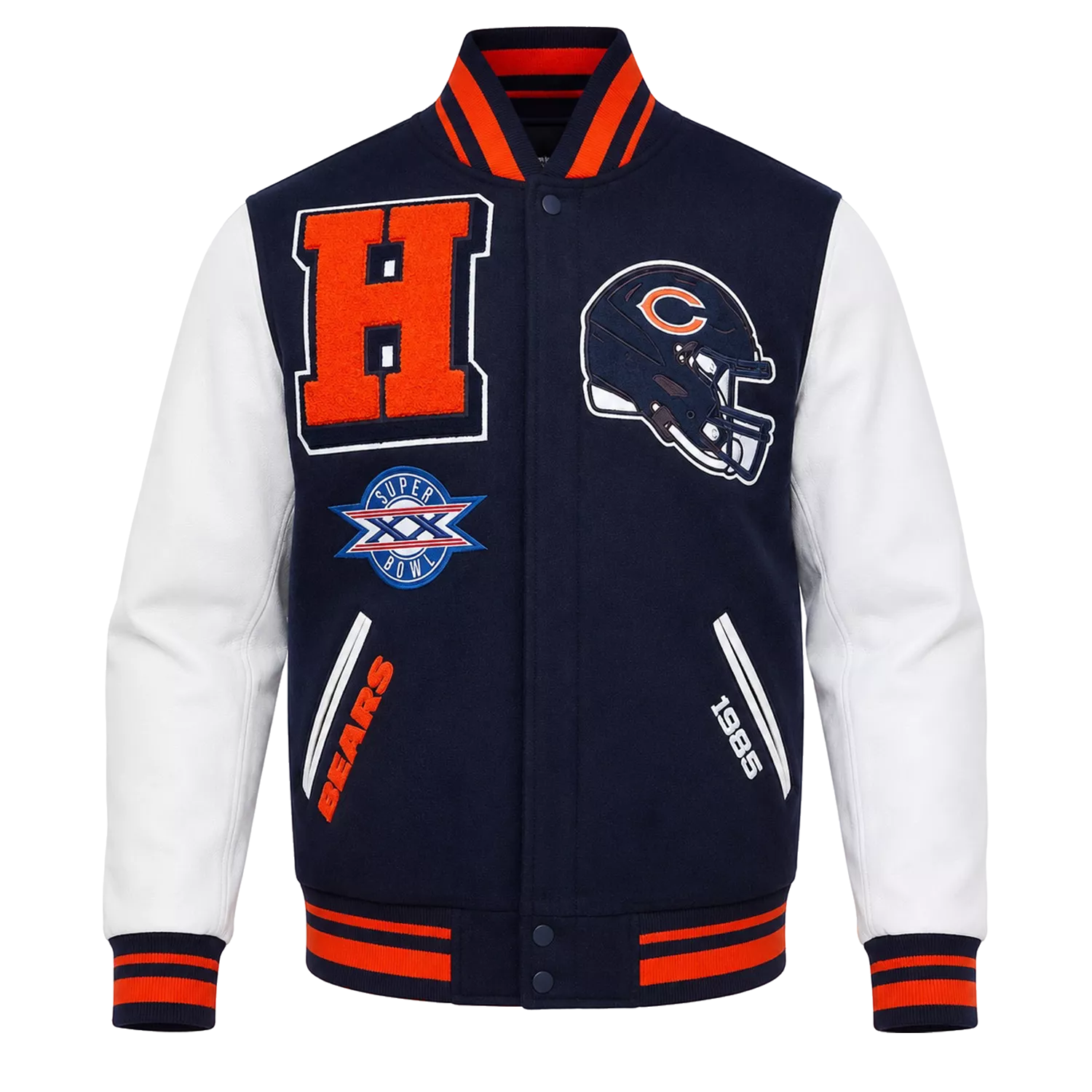 Men’s Navy Orange Football Patch Varsity Jacket | Wool & Leather Sleeve Jacket