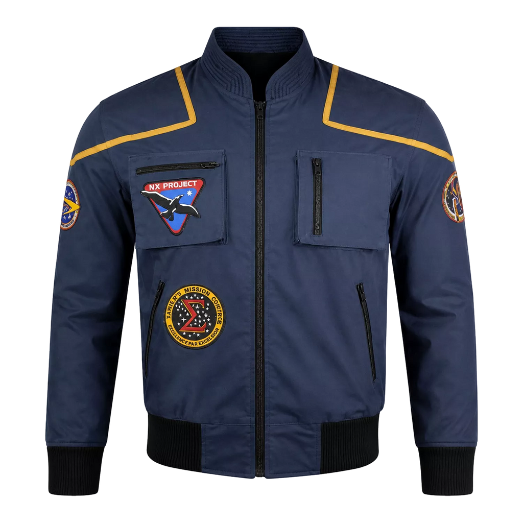 Men’s Navy Space Mission Patch Bomber Jacket | Zip-Up Flight Jacket