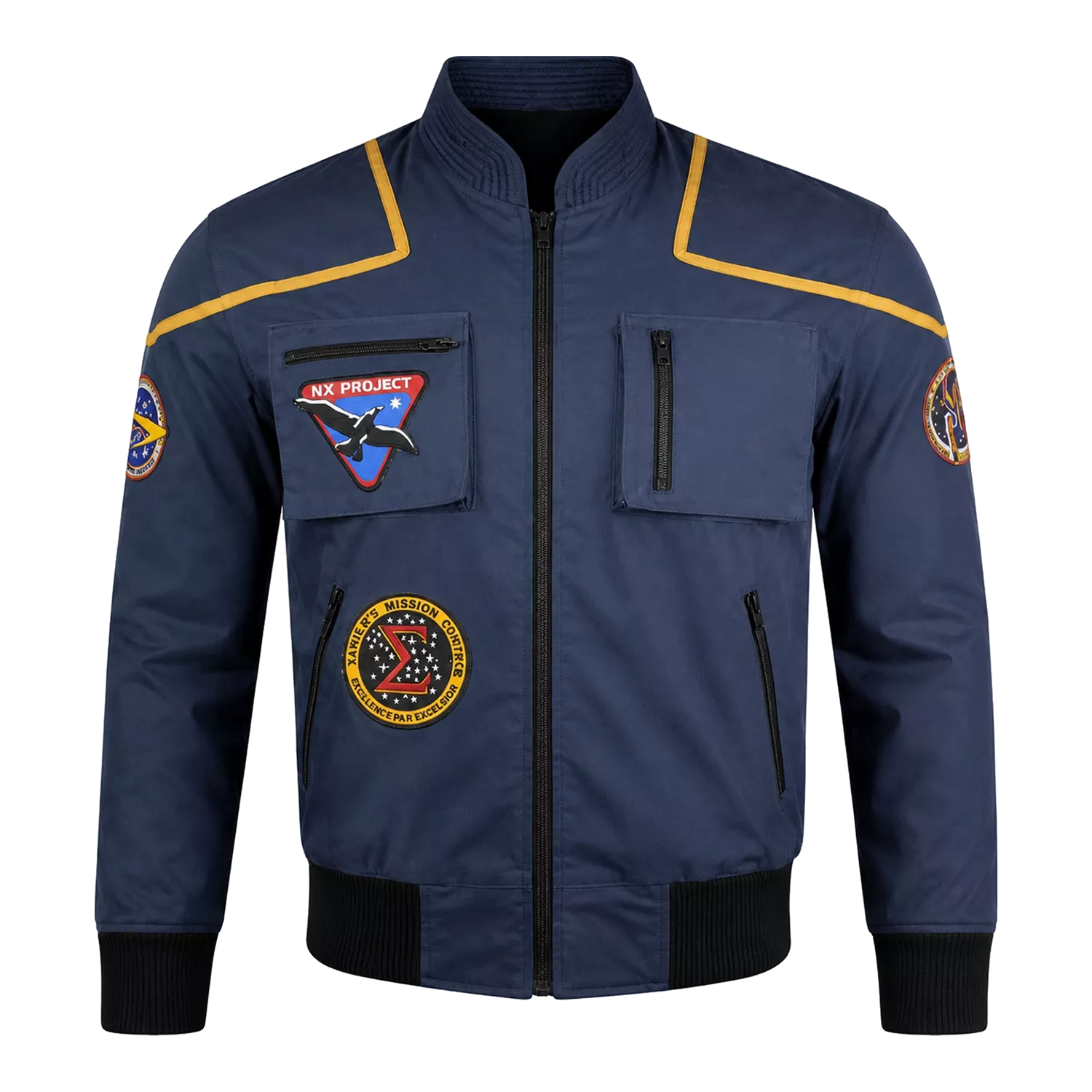 Men’s Navy Space Mission Patch Bomber Jacket | Zip-Up Flight Jacket