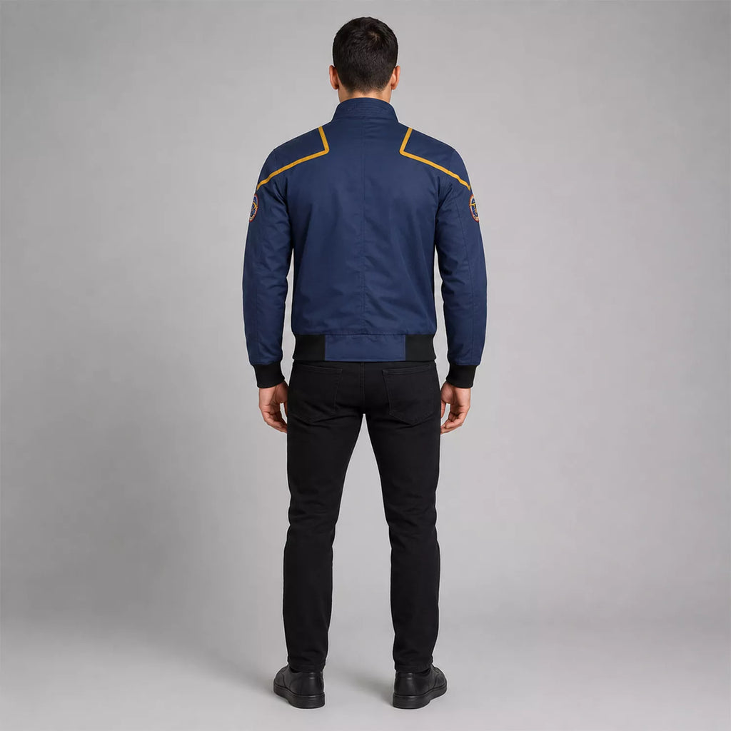 Men’s Navy Space Mission Patch Bomber Jacket | Zip-Up Flight Jacket