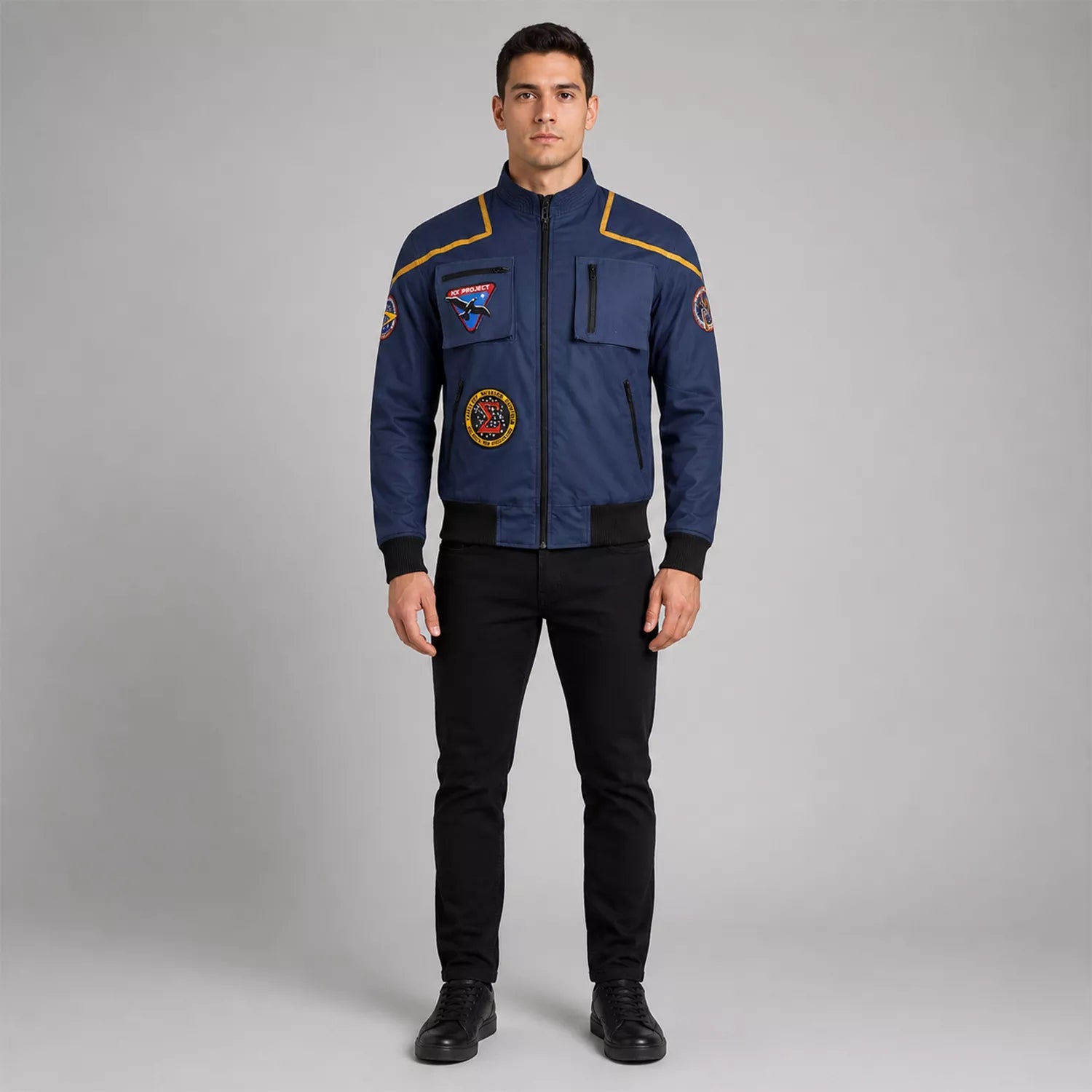 Men’s Navy Space Mission Patch Bomber Jacket | Zip-Up Flight Jacket