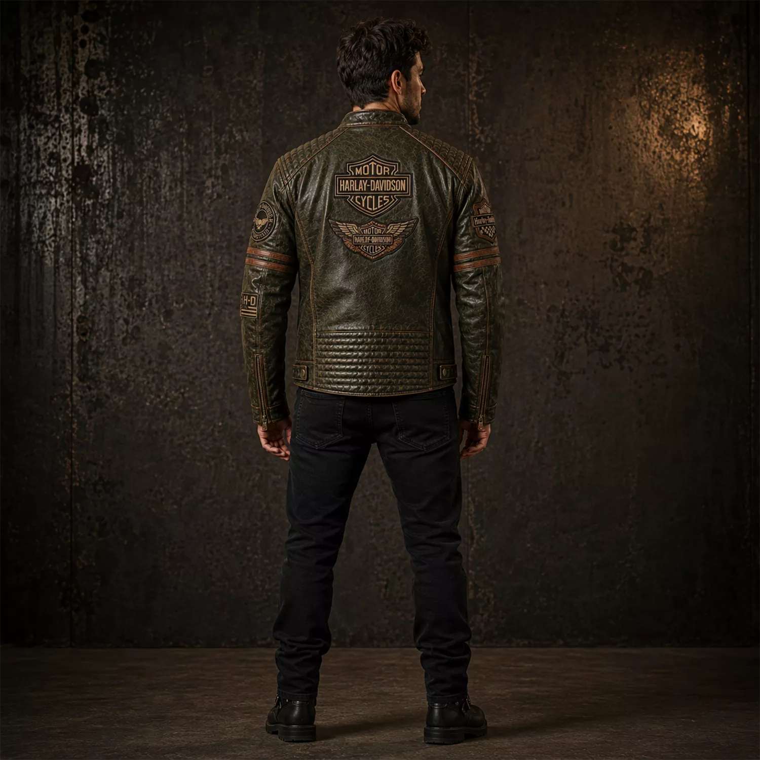 Men’s Olive Green Harley Davidson Patch Leather Biker Jacket | Vintage Moto Jacket