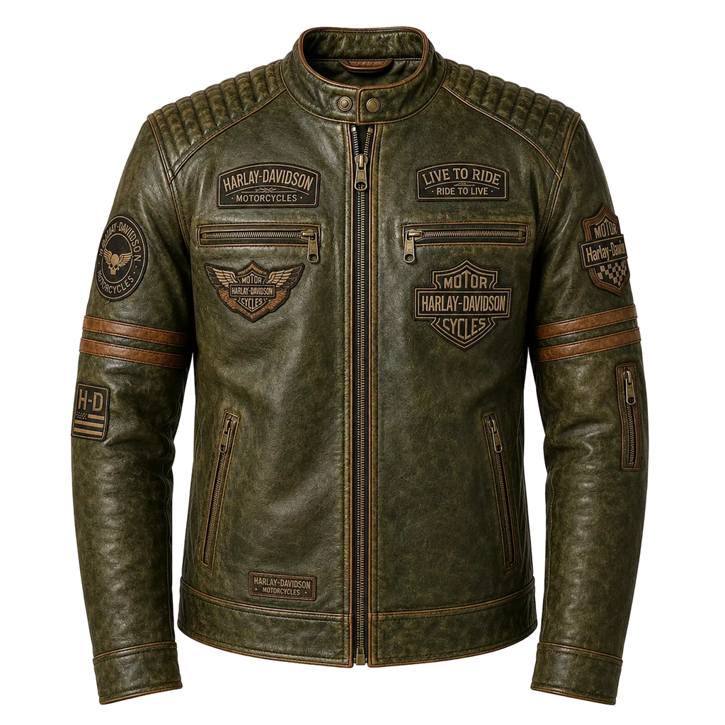 Men’s Olive Green Harley Davidson Patch Leather Biker Jacket | Vintage Moto Jacket