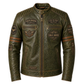 Men’s Olive Green Harley Davidson Patch Leather Biker Jacket | Vintage Moto Jacket