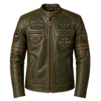 Men’s Olive Green Harley Davidson Patch Leather Biker Jacket | Vintage Moto Jacket