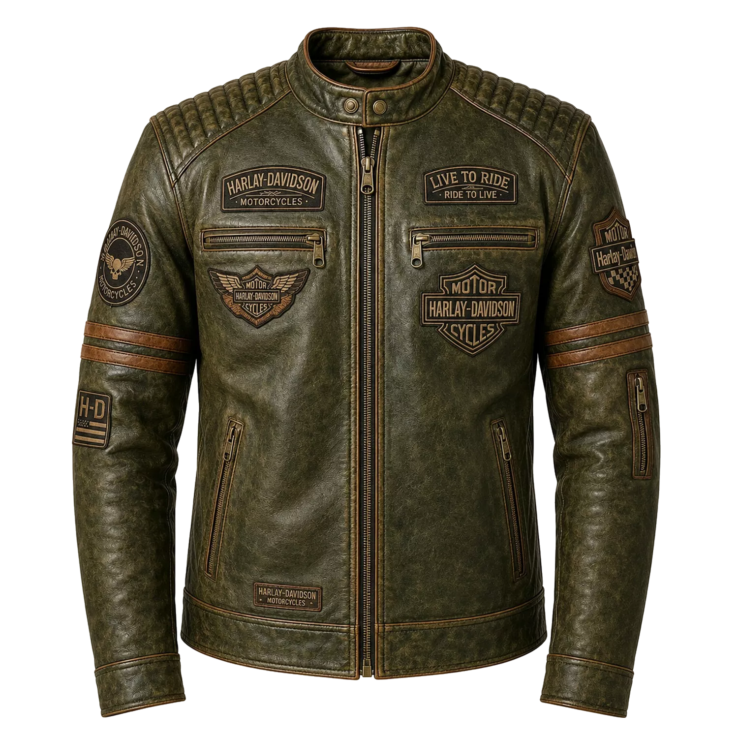 Men’s Olive Green Harley Davidson Patch Leather Biker Jacket | Vintage Moto Jacket