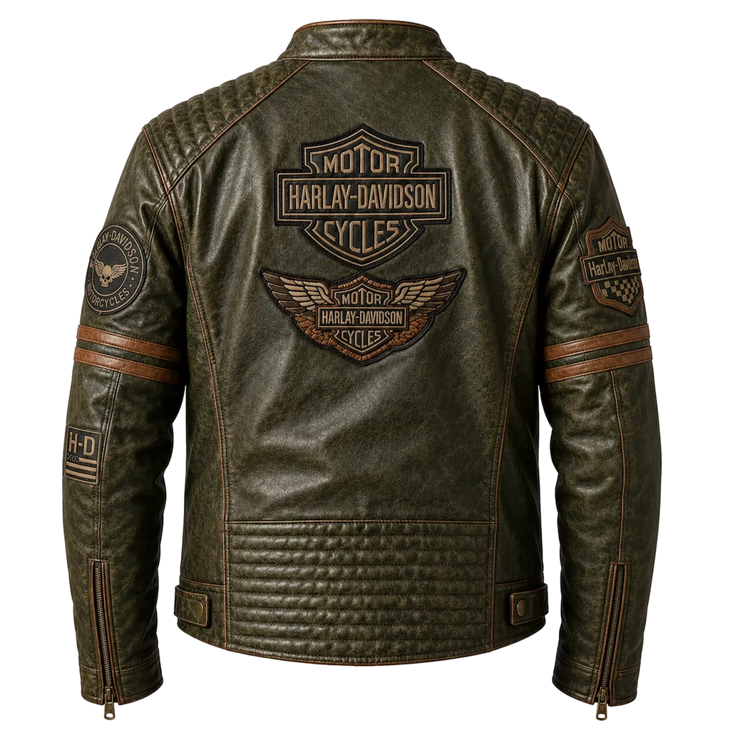 Men’s Olive Green Harley Davidson Patch Leather Biker Jacket | Vintage Moto Jacket