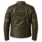 Men’s Olive Green Harley Davidson Patch Leather Biker Jacket | Vintage Moto Jacket