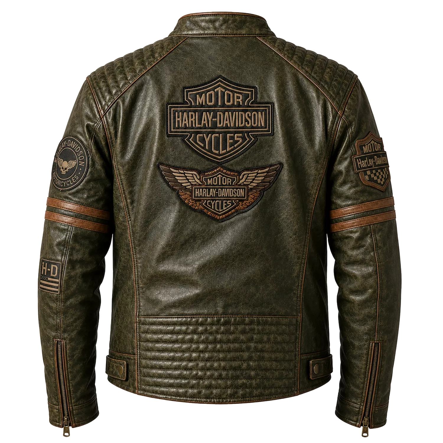 Men’s Olive Green Harley Davidson Patch Leather Biker Jacket | Vintage Moto Jacket