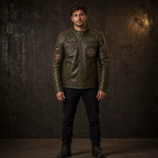 Men’s Olive Green Harley Davidson Patch Leather Biker Jacket | Vintage Moto Jacket