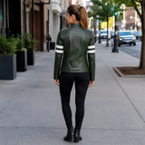 Men’s Olive Green Moto Leather Jacket  White Stripe Biker Jacket
