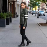Men’s Olive Green Moto Leather Jacket  White Stripe Biker Jacket
