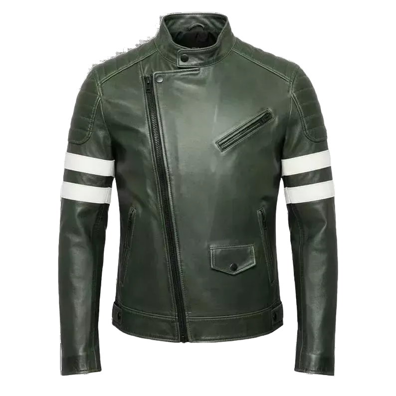 Men’s Olive Green Moto Leather Jacket  White Stripe Biker Jacket