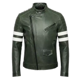 Men’s Olive Green Moto Leather Jacket  White Stripe Biker Jacket