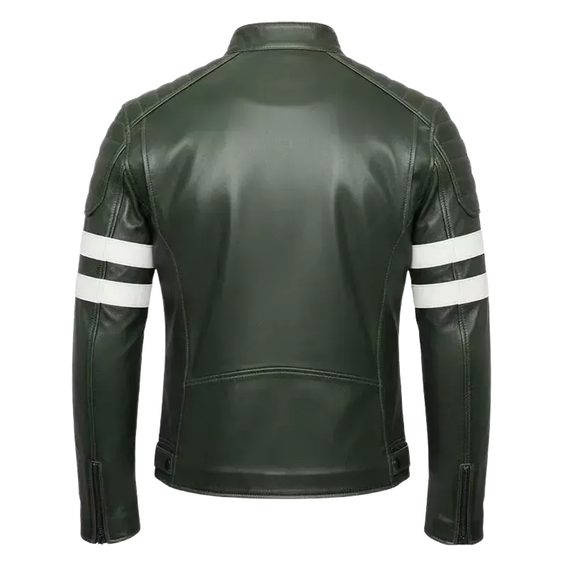 Men’s Olive Green Moto Leather Jacket  White Stripe Biker Jacket