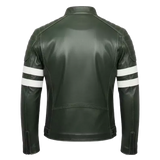 Men’s Olive Green Moto Leather Jacket  White Stripe Biker Jacket