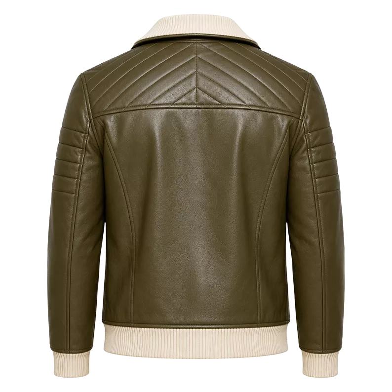 Men’s Olive Green Quilted Leather Bomber Jacket  Zip-Up Ribbed Trim Jacket