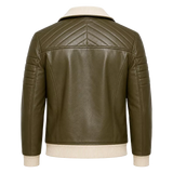 Men’s Olive Green Quilted Leather Bomber Jacket  Zip-Up Ribbed Trim Jacket