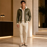 Men’s Olive Green Quilted Leather Bomber Jacket  Zip-Up Ribbed Trim Jacket