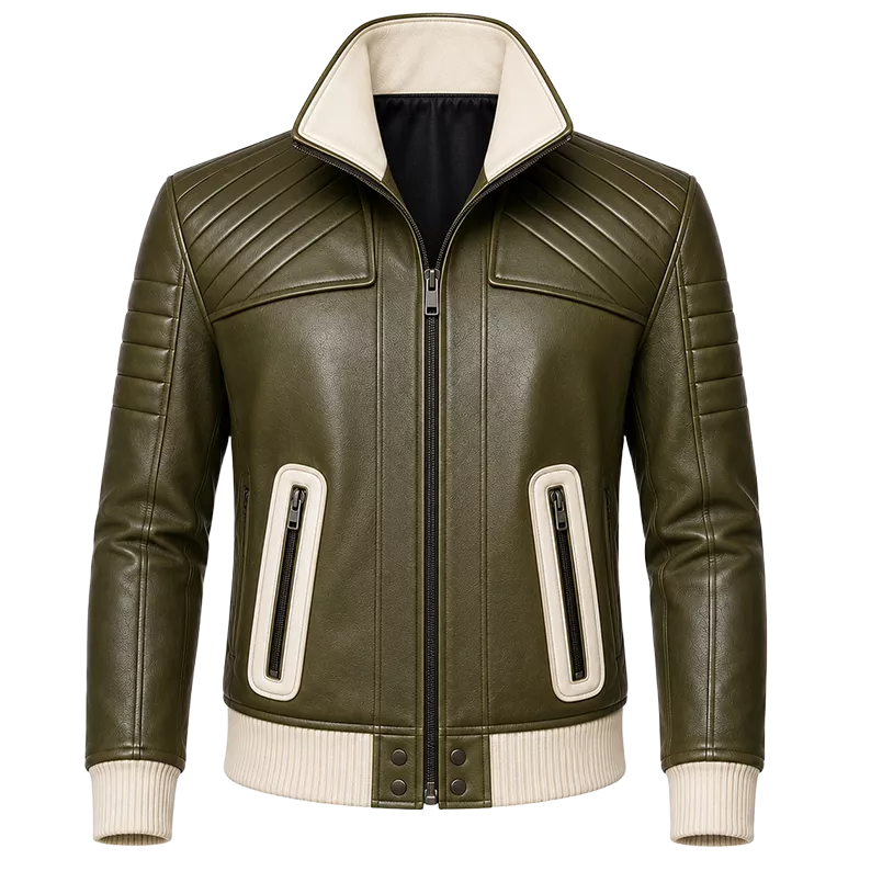 Men’s Olive Green Quilted Leather Bomber Jacket  Zip-Up Ribbed Trim Jacket