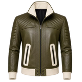 Men’s Olive Green Quilted Leather Bomber Jacket  Zip-Up Ribbed Trim Jacket