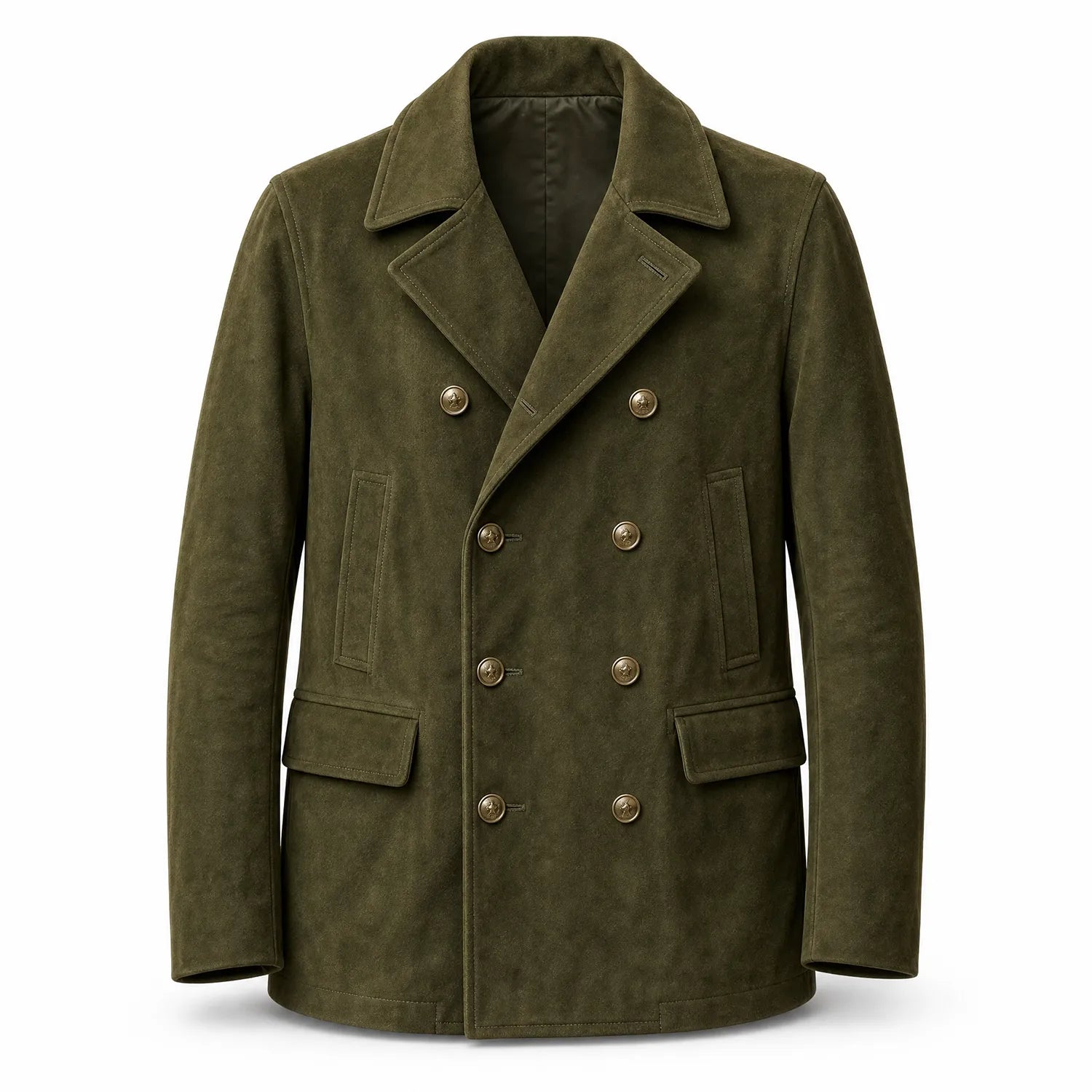 Men’s Olive Green Suede Peacoat | Premium Double Breasted Leather Coat
