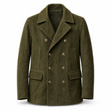 Men’s Olive Green Suede Peacoat | Premium Double Breasted Leather Coat
