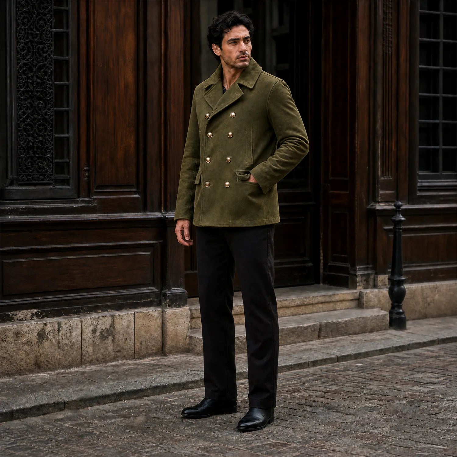 Men’s Olive Green Suede Peacoat | Premium Double Breasted Leather Coat