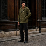Men’s Olive Green Suede Peacoat | Premium Double Breasted Leather Coat