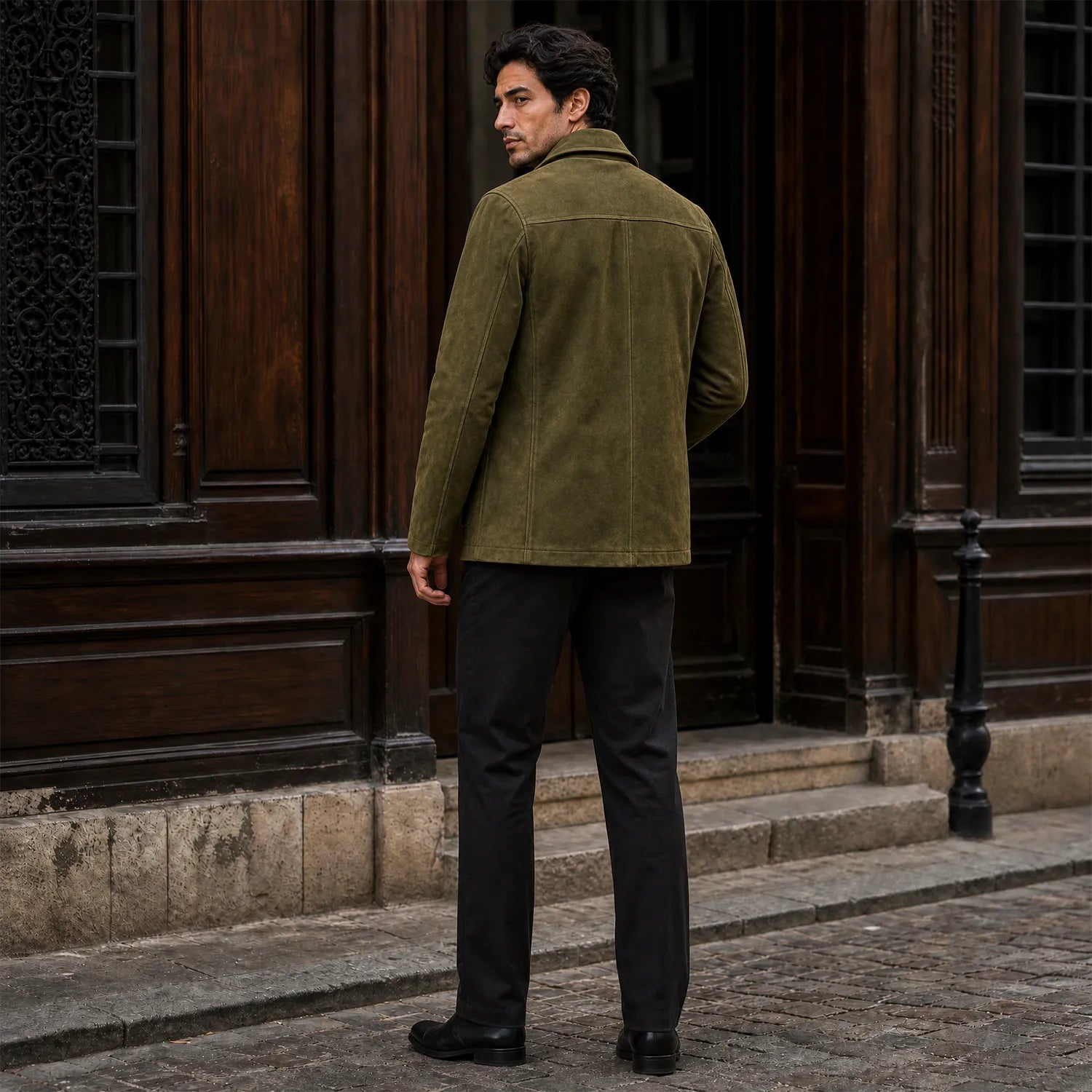 Men’s Olive Green Suede Peacoat | Premium Double Breasted Leather Coat