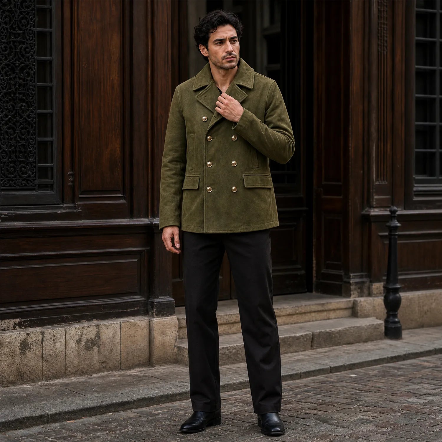 Men’s Olive Green Suede Peacoat | Premium Double Breasted Leather Coat
