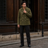 Men’s Olive Green Suede Peacoat | Premium Double Breasted Leather Coat
