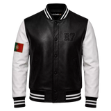 Men’s Portugal-Inspired Black & White Varsity Leather Jacket – R7 Style Bomber Jacket