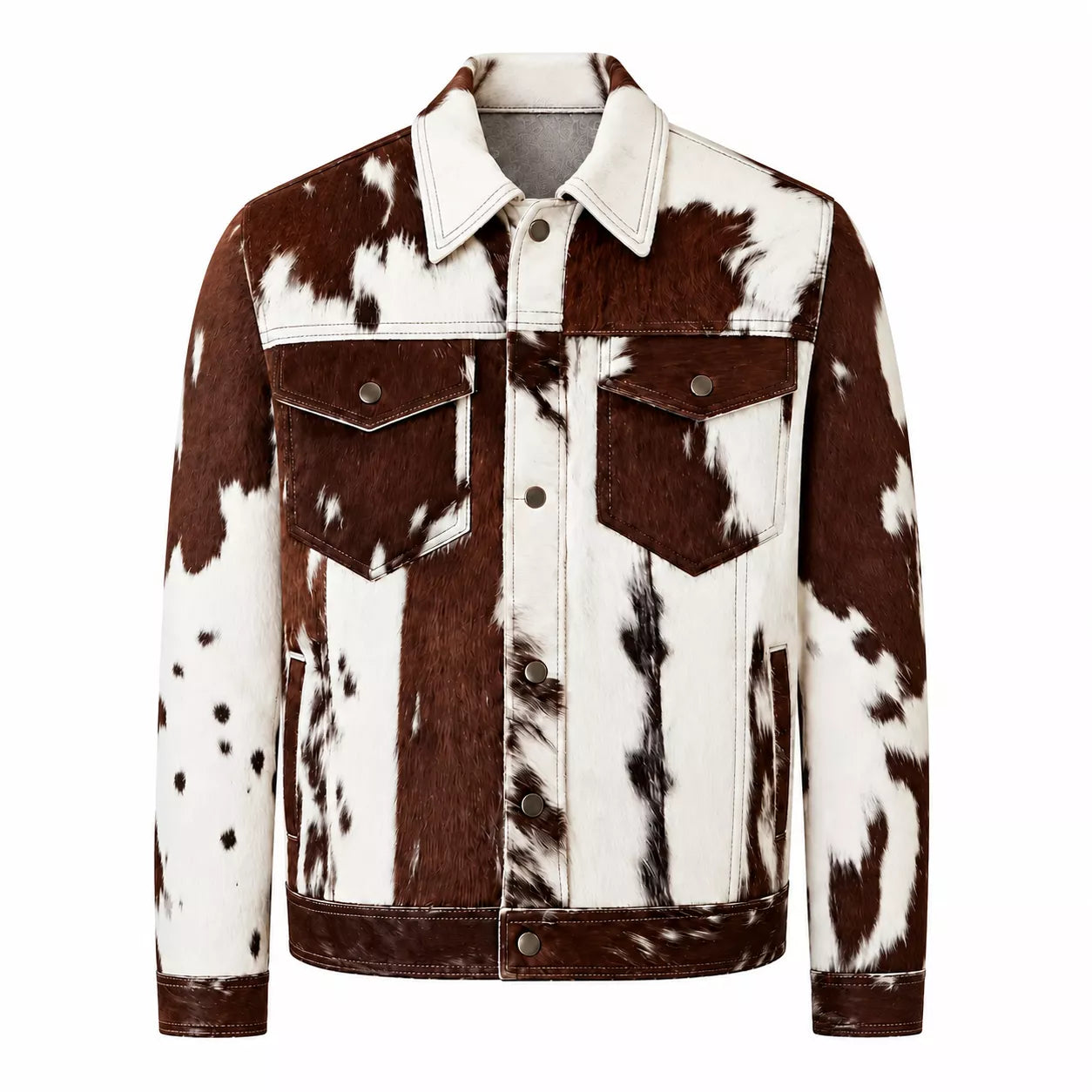 Men’s Real Hair On Hide Cowhide Jacket | Brown White Western Leather Trucker Jacket
