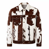 Men’s Real Hair On Hide Cowhide Jacket | Brown White Western Leather Trucker Jacket