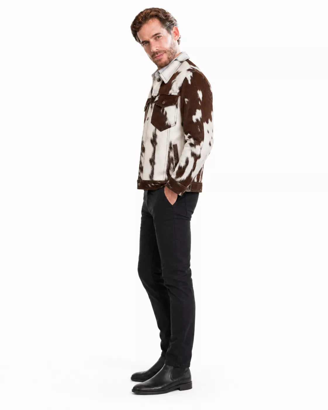 Men’s Real Hair On Hide Cowhide Jacket | Brown White Western Leather Trucker Jacket