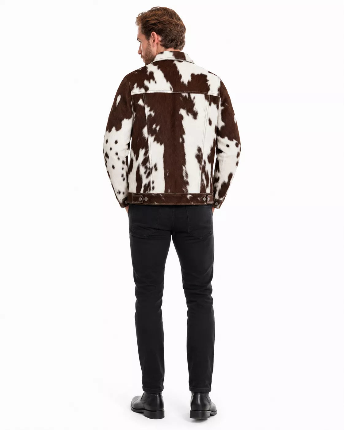 Men’s Real Hair On Hide Cowhide Jacket | Brown White Western Leather Trucker Jacket