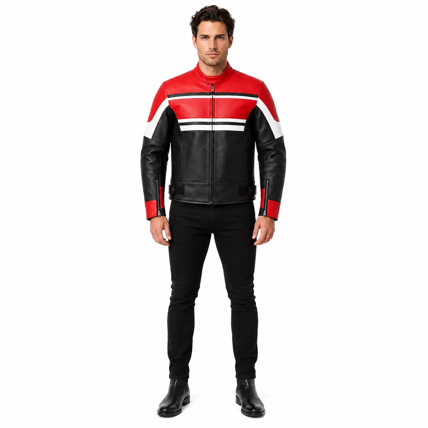 Men’s Red Black White Leather Biker Jacket | Moto Style