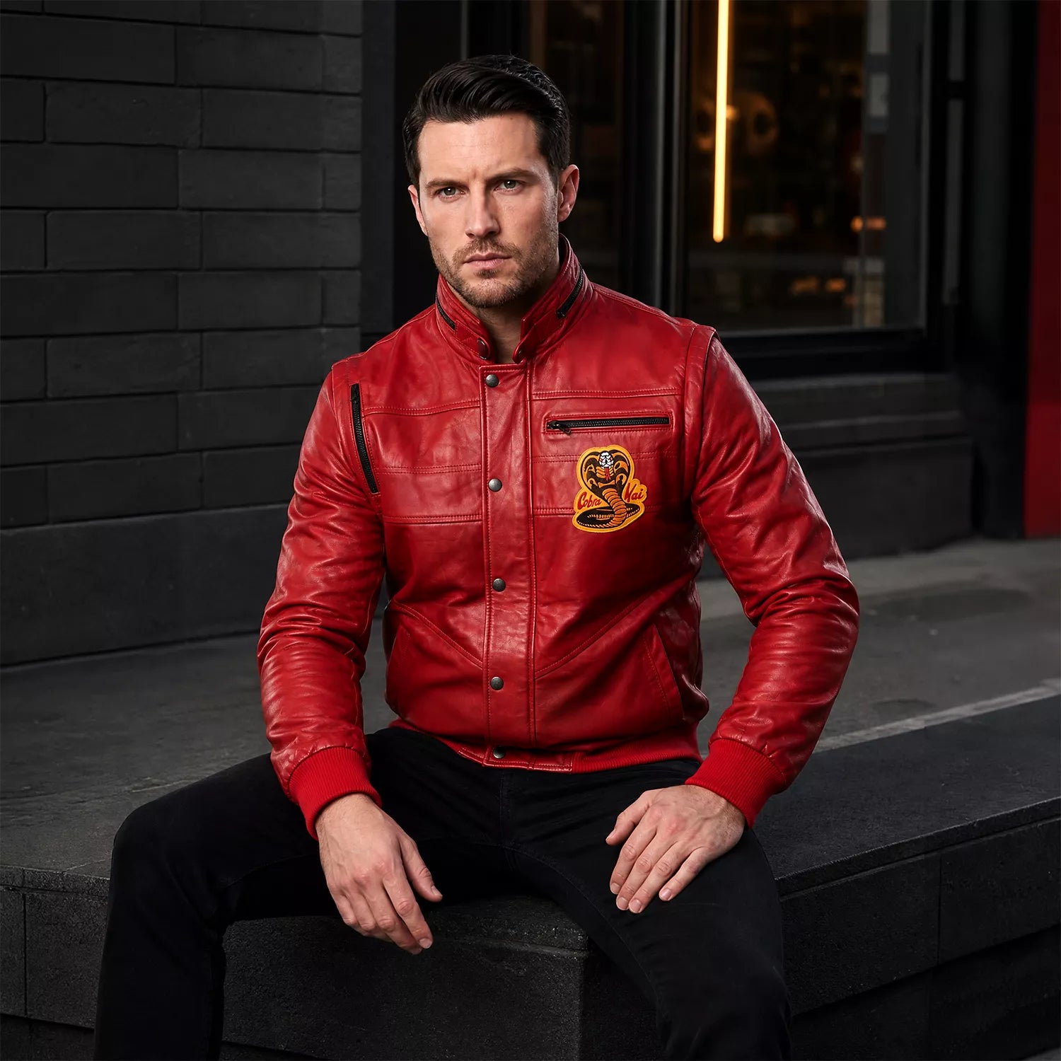 Men’s Red Leather Bomber Jacket | Karate kid Cobra Kai Inspired Varsity Jacket