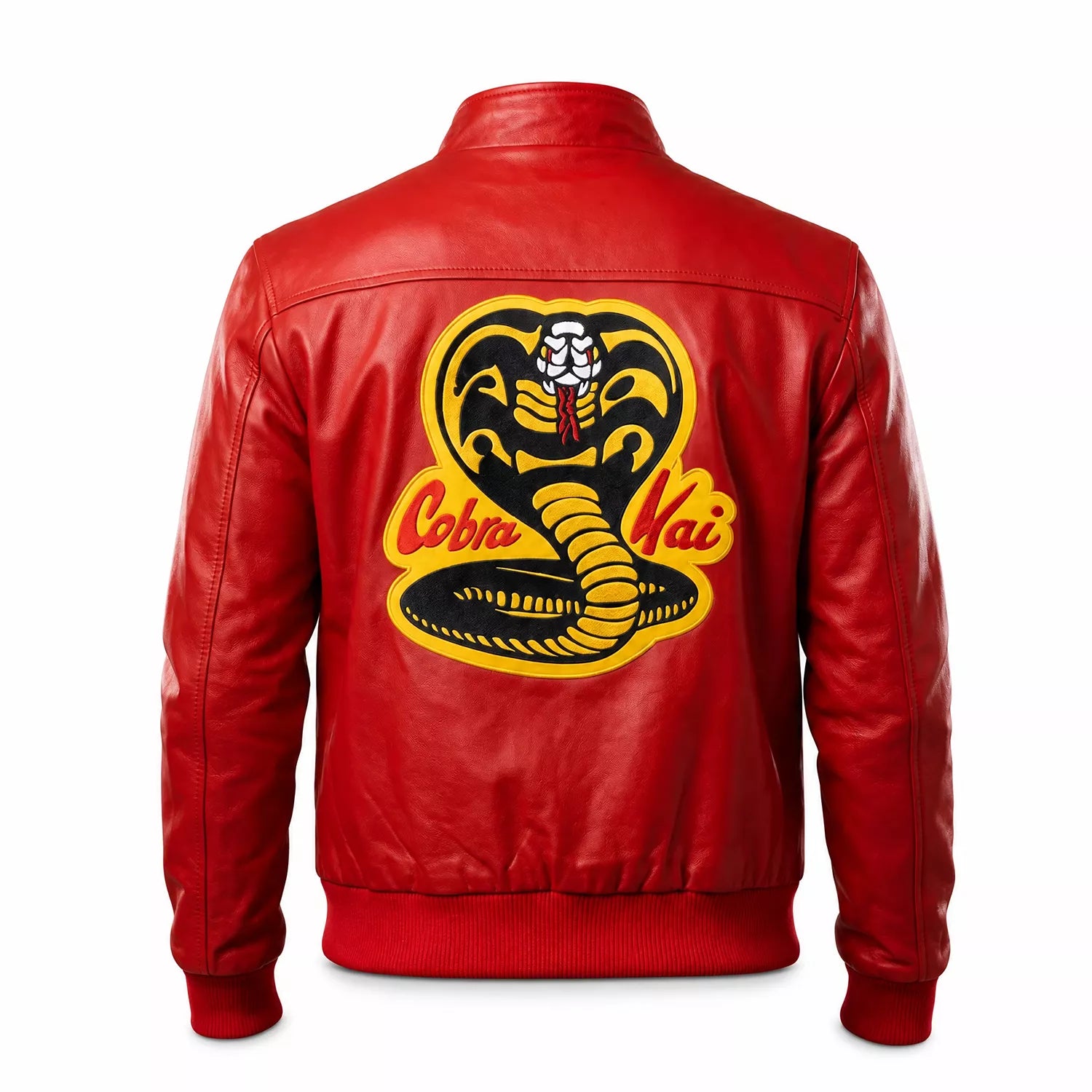 Men’s Red Leather Bomber Jacket | Karate kid Cobra Kai Inspired Varsity Jacket