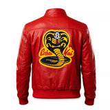 Men’s Red Leather Bomber Jacket | Karate kid Cobra Kai Inspired Varsity Jacket