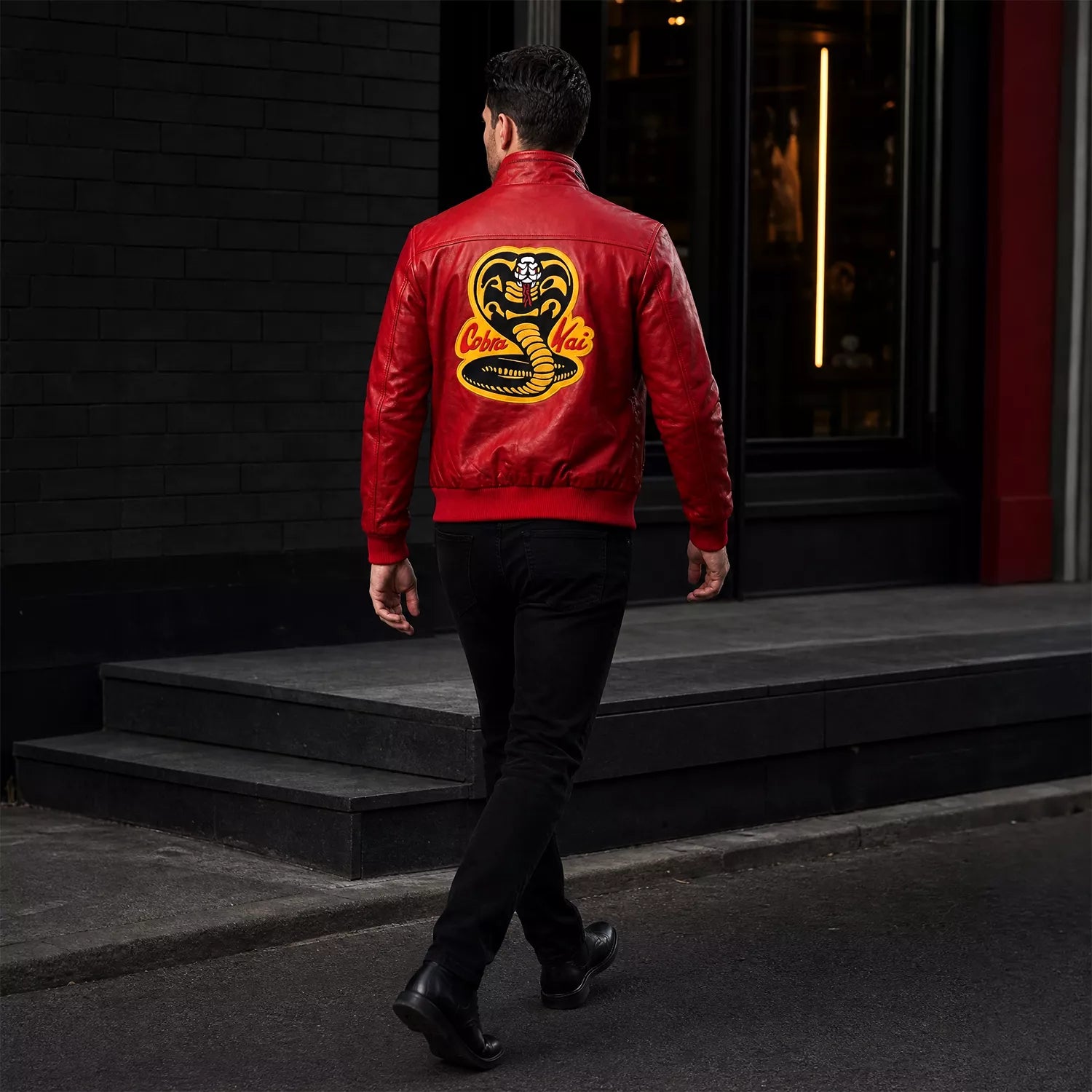 Men’s Red Leather Bomber Jacket | Karate kid Cobra Kai Inspired Varsity Jacket