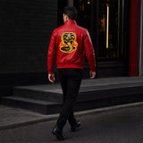 Men’s Red Leather Bomber Jacket | Karate kid Cobra Kai Inspired Varsity Jacket