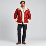 Men's Red Leather Shearling Trucker Jacket