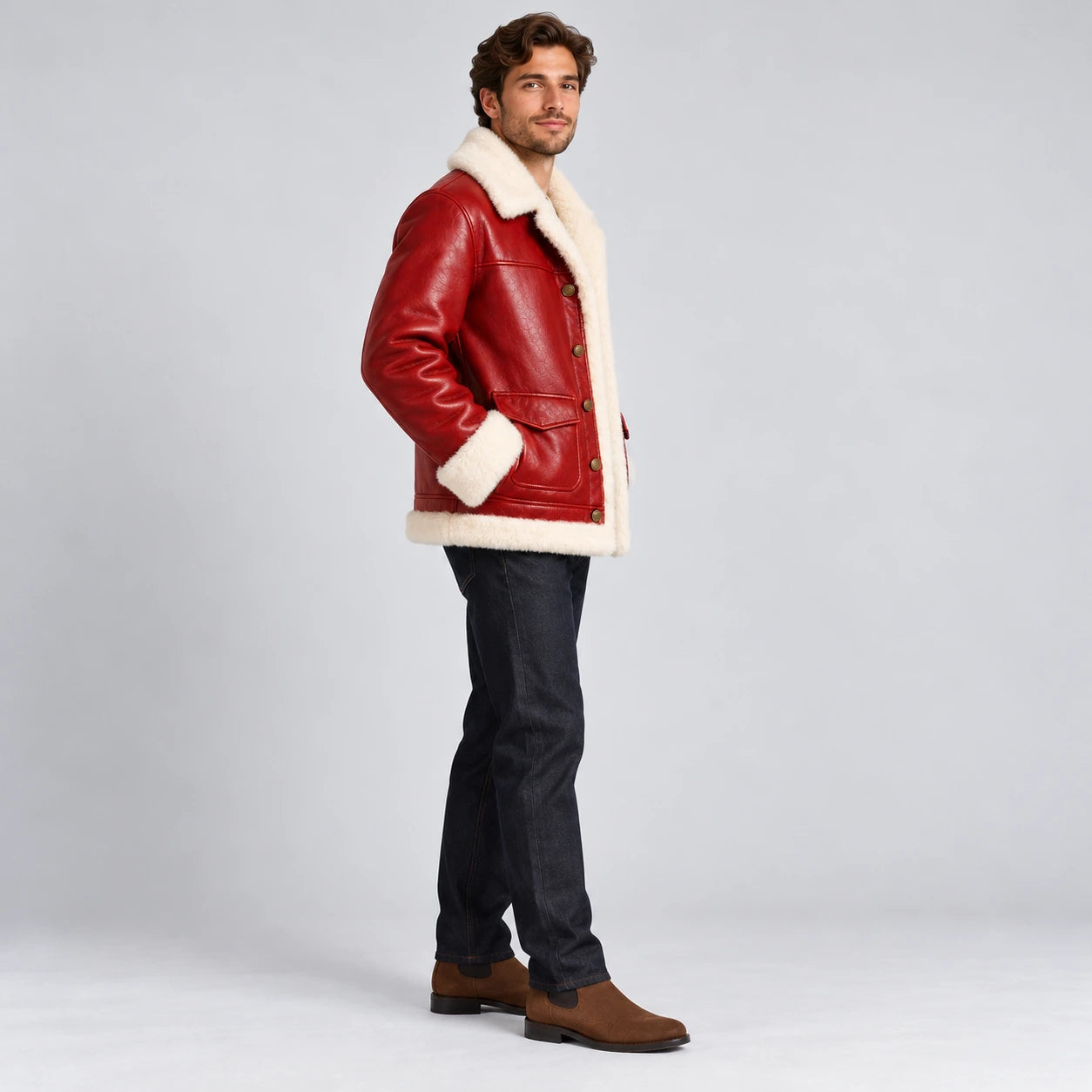Men's Red Leather Shearling Trucker Jacket
