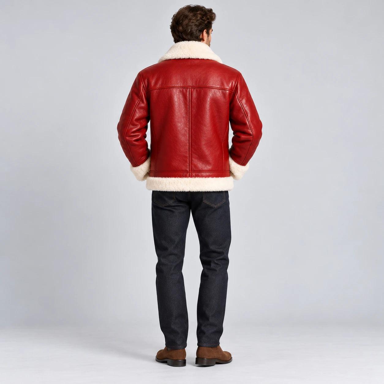 Men's Red Leather Shearling Trucker Jacket