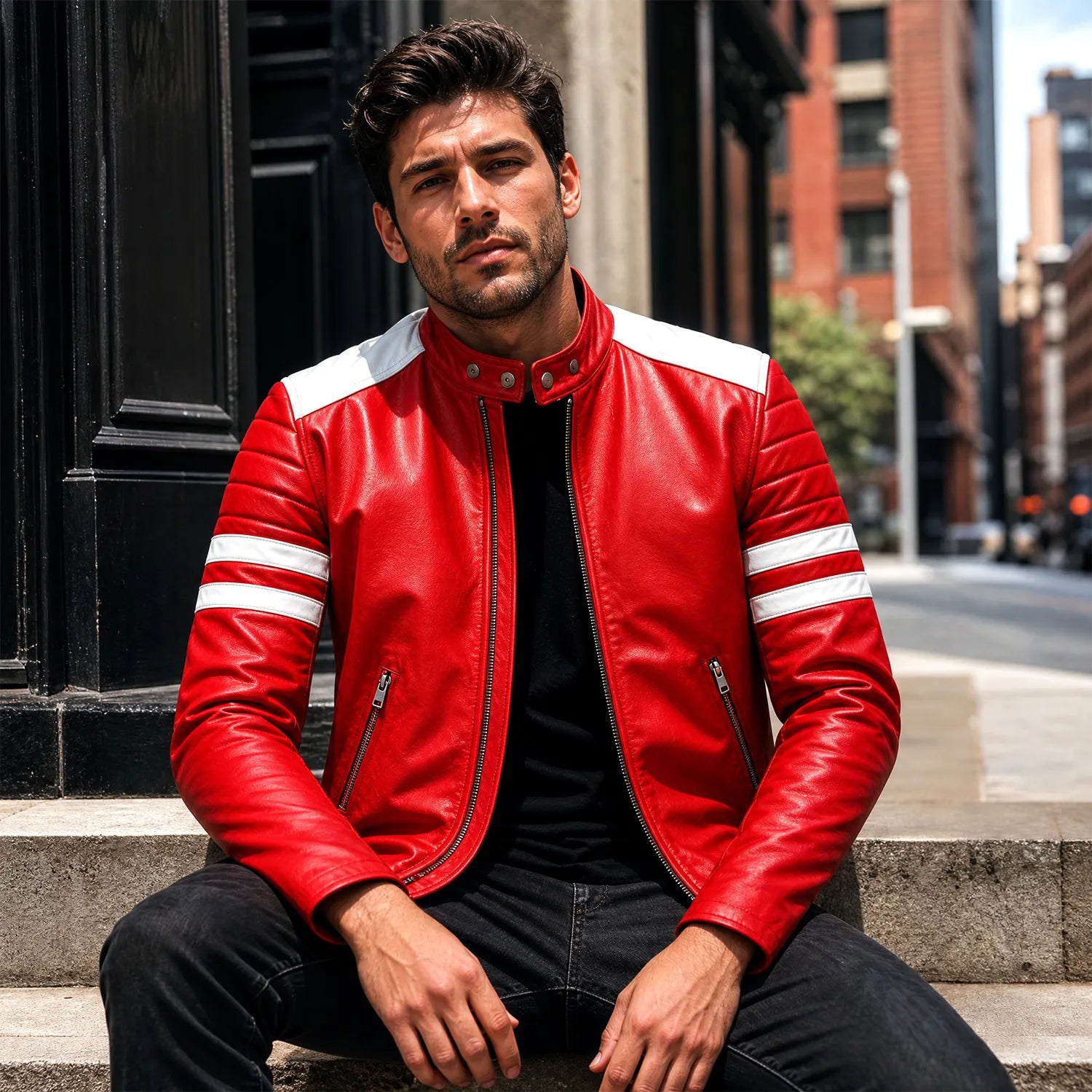 Men’s Red Leather Racing Jacket | Vintage 90s Inspired Motorcycle Biker Jacket